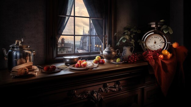 Foto uma mesa com frutas e um relógio