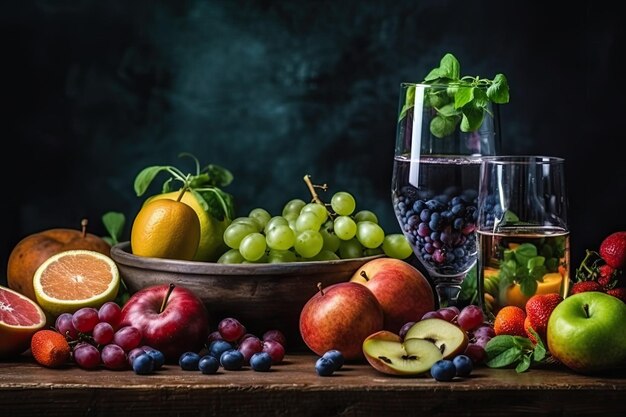 Uma mesa com frutas e uma taça de vinho