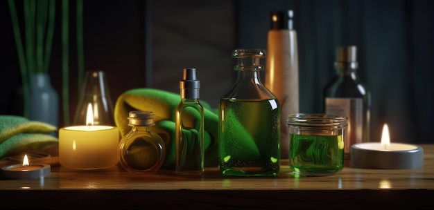 Uma mesa com garrafas de líquido verde e uma toalha verde.