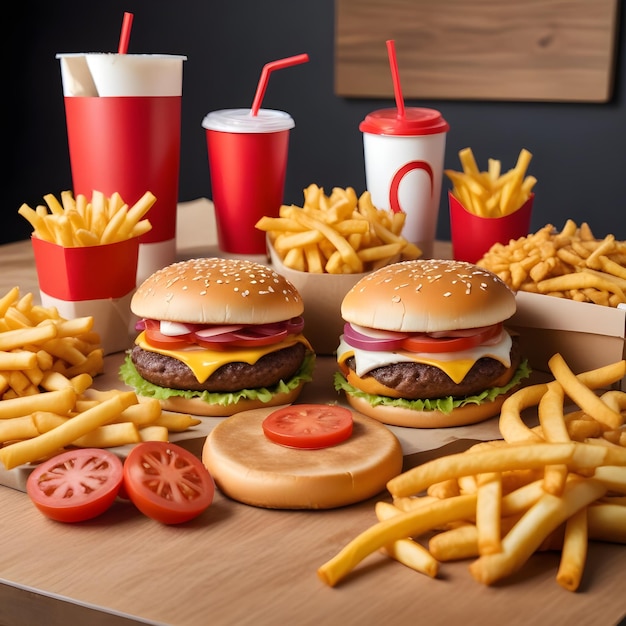 Foto uma mesa com hambúrgueres e batatas fritas e um hambúrguer com o logotipo do mcdonald's