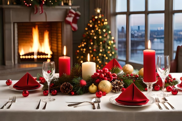 Uma mesa com lareira e uma árvore de natal com velas e enfeites.