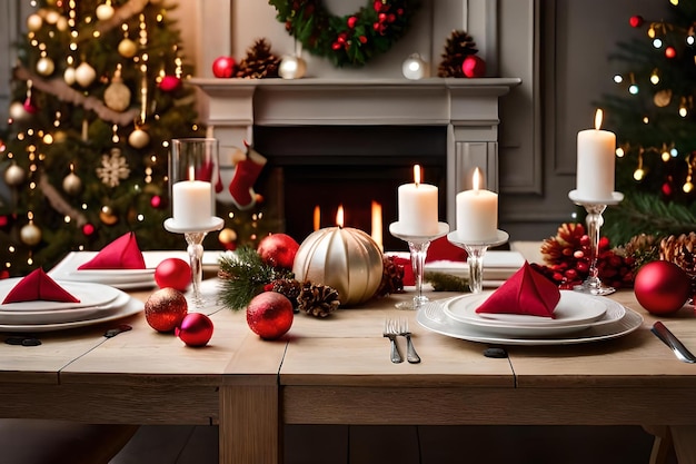 Uma mesa com lareira e velas e uma árvore de natal ao fundo