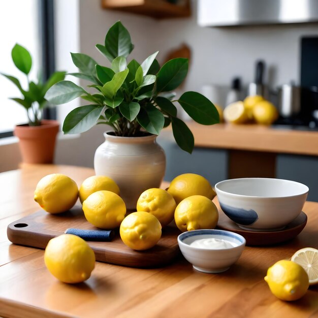 Foto uma mesa com limões e uma planta em vaso sobre ela