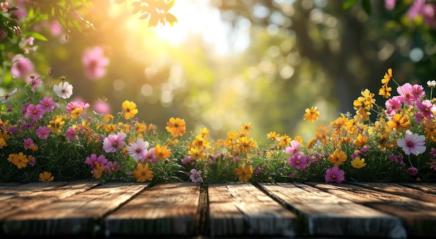 uma mesa com lindas flores sob o sol da primavera