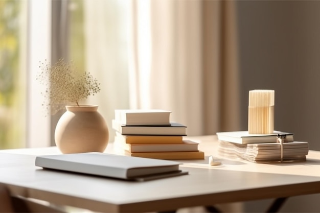 Uma mesa com livros e um vaso com uma planta