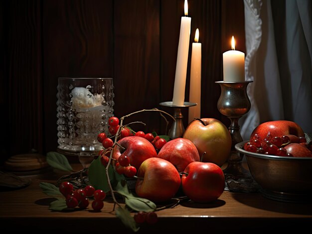 uma mesa com maçãs, velas, velas e uma vela.