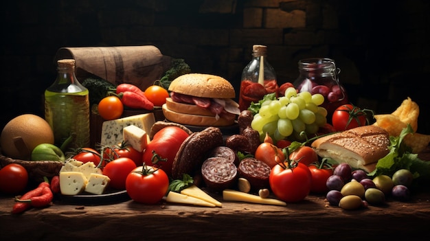 uma mesa com muita comida, incluindo um sanduíche de queijo, tomates e outros vegetais