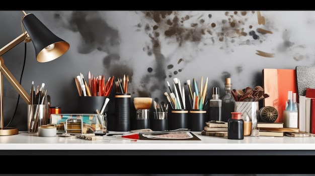 Uma mesa com muitas canetas e uma garrafa de tinta Mesa de escritório em casa artística contemporânea