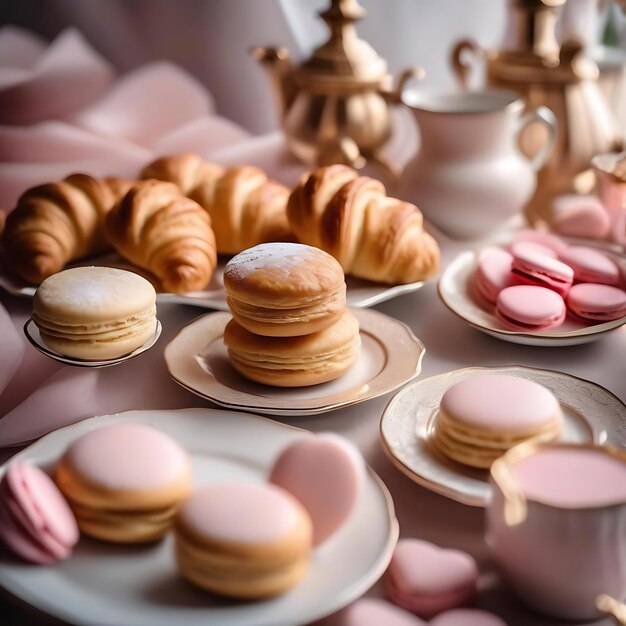 Uma mesa com muitas sobremesas e biscoitos