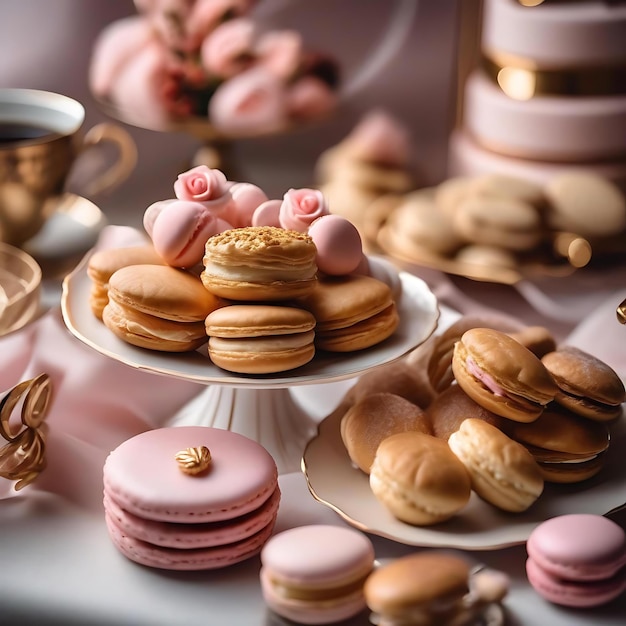 Uma mesa com muitas sobremesas e biscoitos