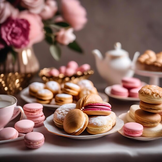 Foto uma mesa com muitas sobremesas e xícaras de chá sobre ela