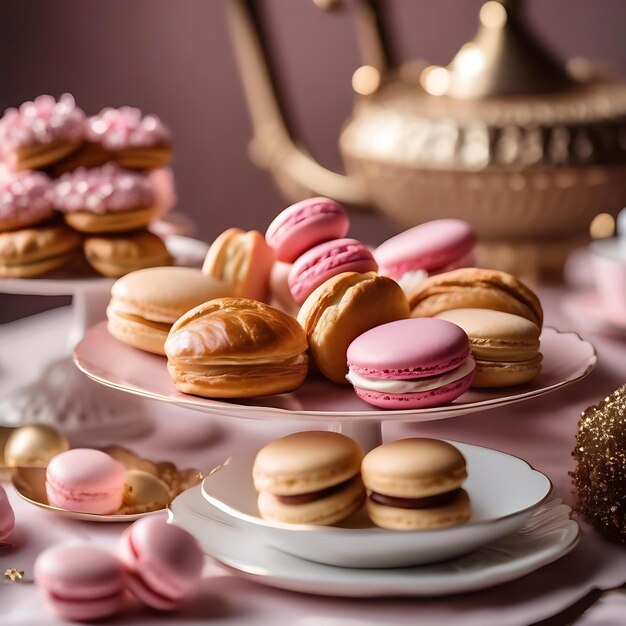 Foto uma mesa com muitas sobremesas, incluindo macarrão e queijo