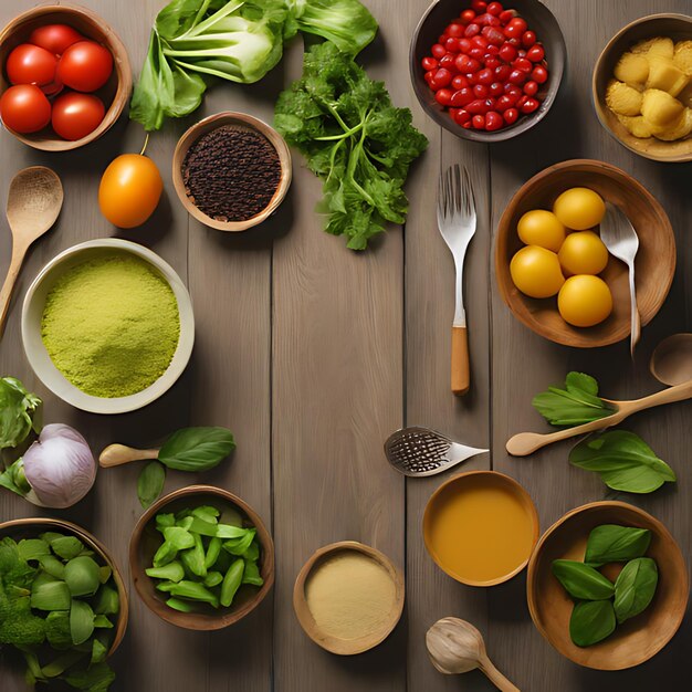 Foto uma mesa com muitas tigelas de comida, incluindo vegetais, ervas e especiarias