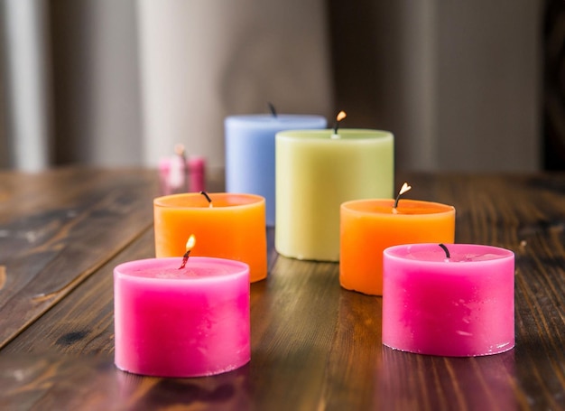 Uma mesa com muitas velas, incluindo uma que diz 'eu te amo'