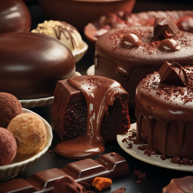 Foto uma mesa com muitos chocolates e algumas outras sobremesas