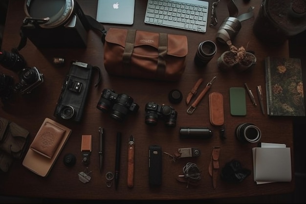 Uma mesa com muitos itens, incluindo uma câmera, uma câmera, um laptop e uma bolsa.