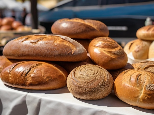 uma mesa com muitos pães e pães sobre ela