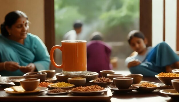 Foto uma mesa com muitos pratos de comida, incluindo chá e uma xícara grande
