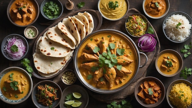 Foto uma mesa com muitos pratos, incluindo tortilhas, arroz e legumes