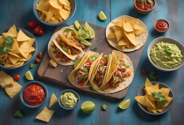 uma mesa com muitos tacos tortillas e uma variedade de alimentos sobre ele