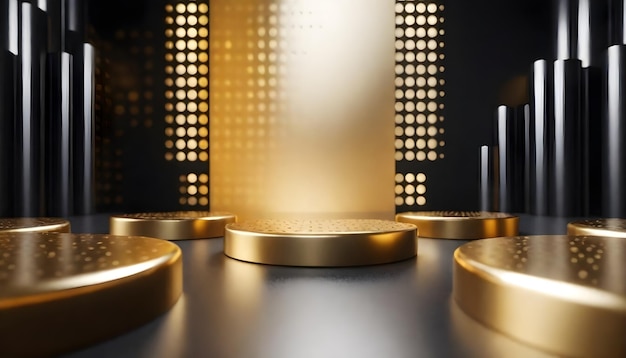 Uma mesa com objetos de cor dourada na frente de um grande fundo com um fundo dourado