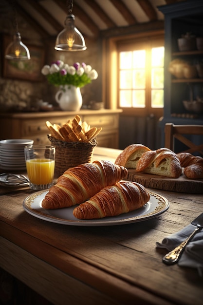 Uma mesa com pão e uma cesta de pão sobre ela