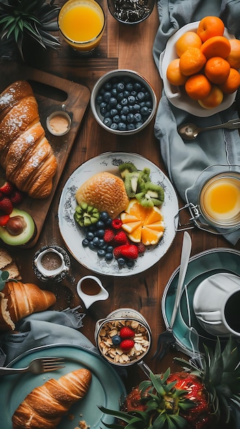 uma mesa com pequeno-almoço, frutas e café