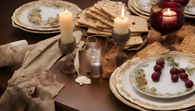 Foto uma mesa com pratos, copos e uma vela que diz morango