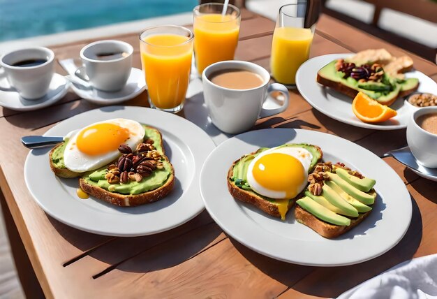 uma mesa com pratos de café da manhã, incluindo ovos, abacate e ovos