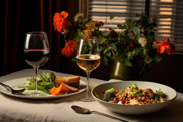 Uma mesa com pratos de comida e taças de vinho ao lado de uma tigela de salada