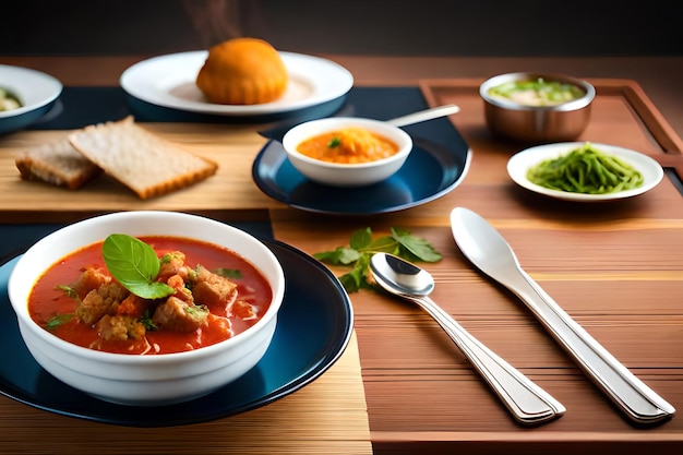 Uma mesa com pratos de comida, incluindo carne e legumes.