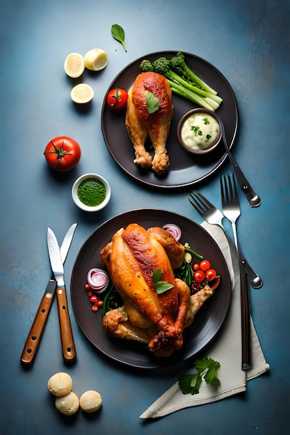 Uma mesa com pratos de comida, incluindo frango e legumes.