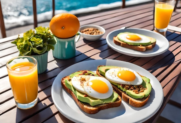 uma mesa com pratos de comida, incluindo ovos, abacate e suco de laranja