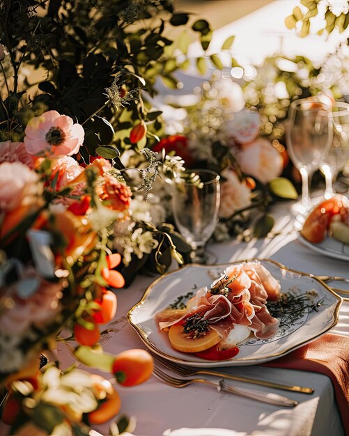 Foto uma mesa com pratos e copos e pratos com comida nele