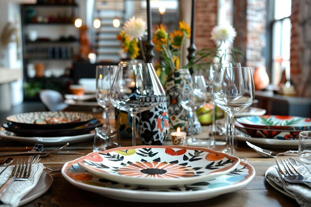 uma mesa com pratos e pratos com flores
