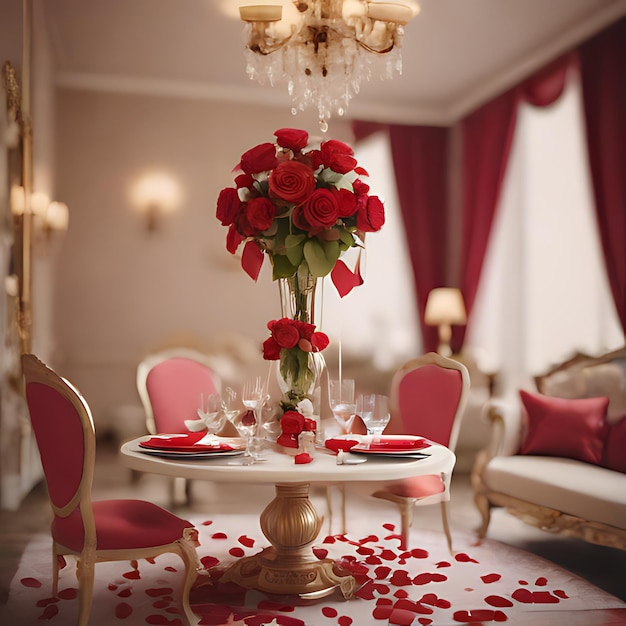 Foto uma mesa com rosas e um lustre com um lustre no fundo