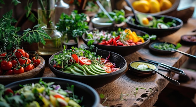 uma mesa com saladas saudáveis