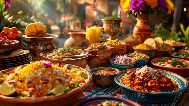 Foto uma mesa com tigelas de arroz e outros pratos