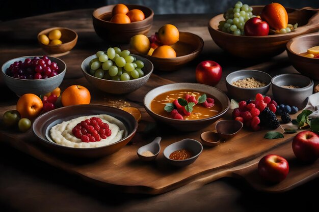 Uma mesa com tigelas de comida e frutas