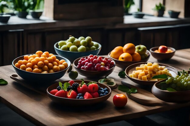 Uma mesa com tigelas de comida e frutas