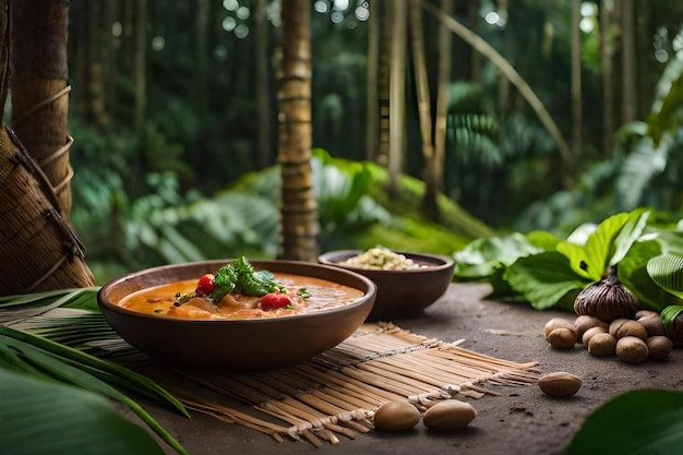 Uma mesa com tigelas de comida e uma mesa de bambu com piso de bambu.