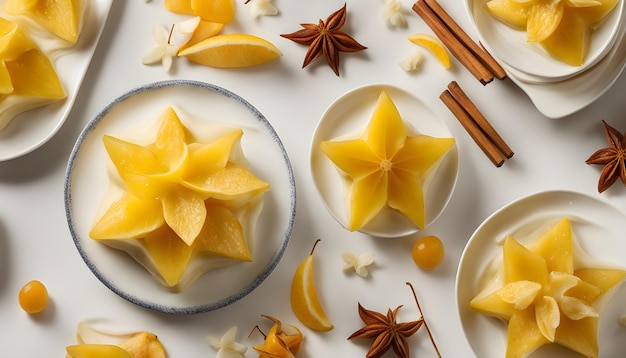 uma mesa com tigelas de comida e uma tigela de frutas com as palavras "doce" citadas