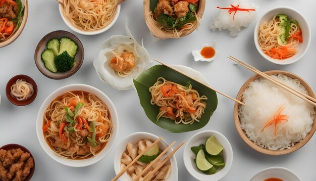 uma mesa com tigelas de comida, incluindo macarrão, arroz e sushi