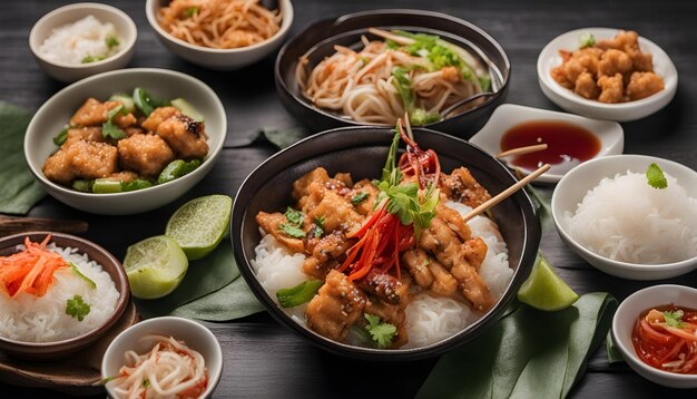 uma mesa com tigelas de comida, incluindo peixe e vegetais de sushi