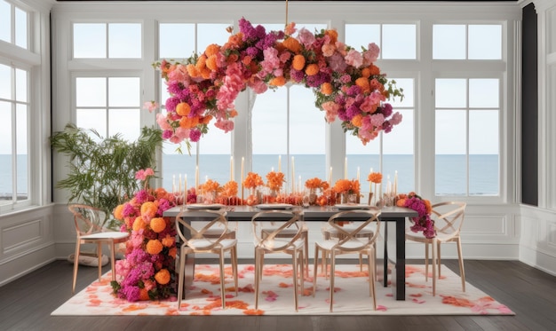 Uma mesa com um arco floral e flores