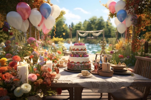 Uma mesa com um bolo e balões