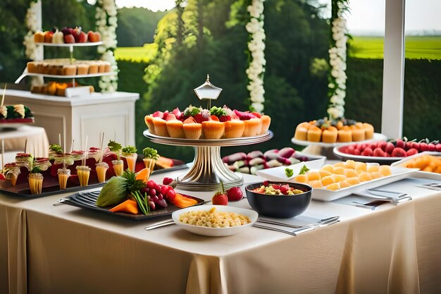 Uma mesa com um bolo e frutas