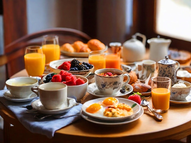 Uma mesa com um bom pequeno-almoço