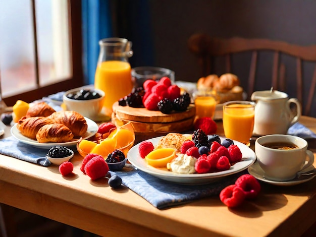 Uma mesa com um bom pequeno-almoço