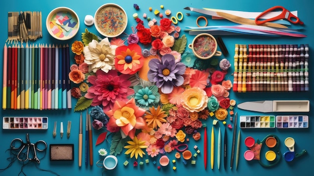 uma mesa com um bouquet de flores e um lápis